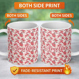 Personalized Custom Name Coral Cherry Blossom Floral Branches on Beige Background Seamless 11oz Ceramic Coffee Tea Mug White Large Handle