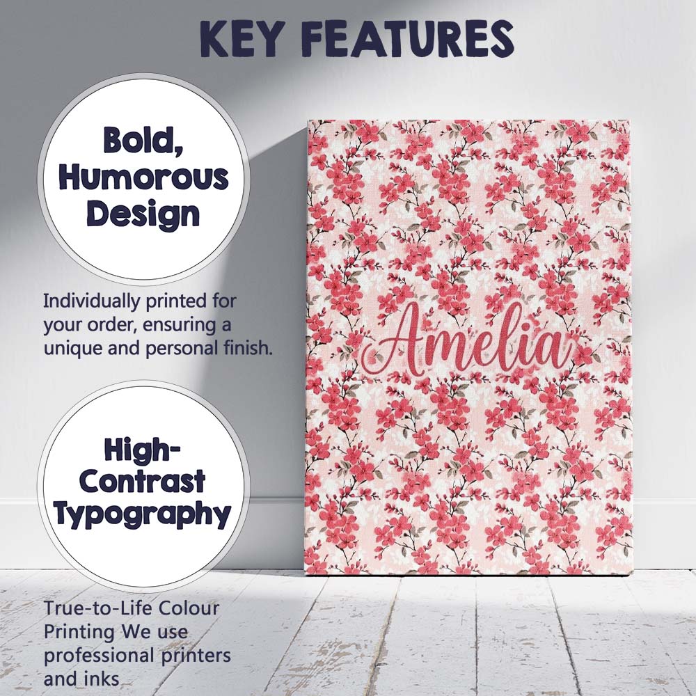 Personalised Name Coral Cherry Blossom Custom  Modern Room Accent Elegant Feature Canvas Wall Art Print Decor Picture Ready to Hang