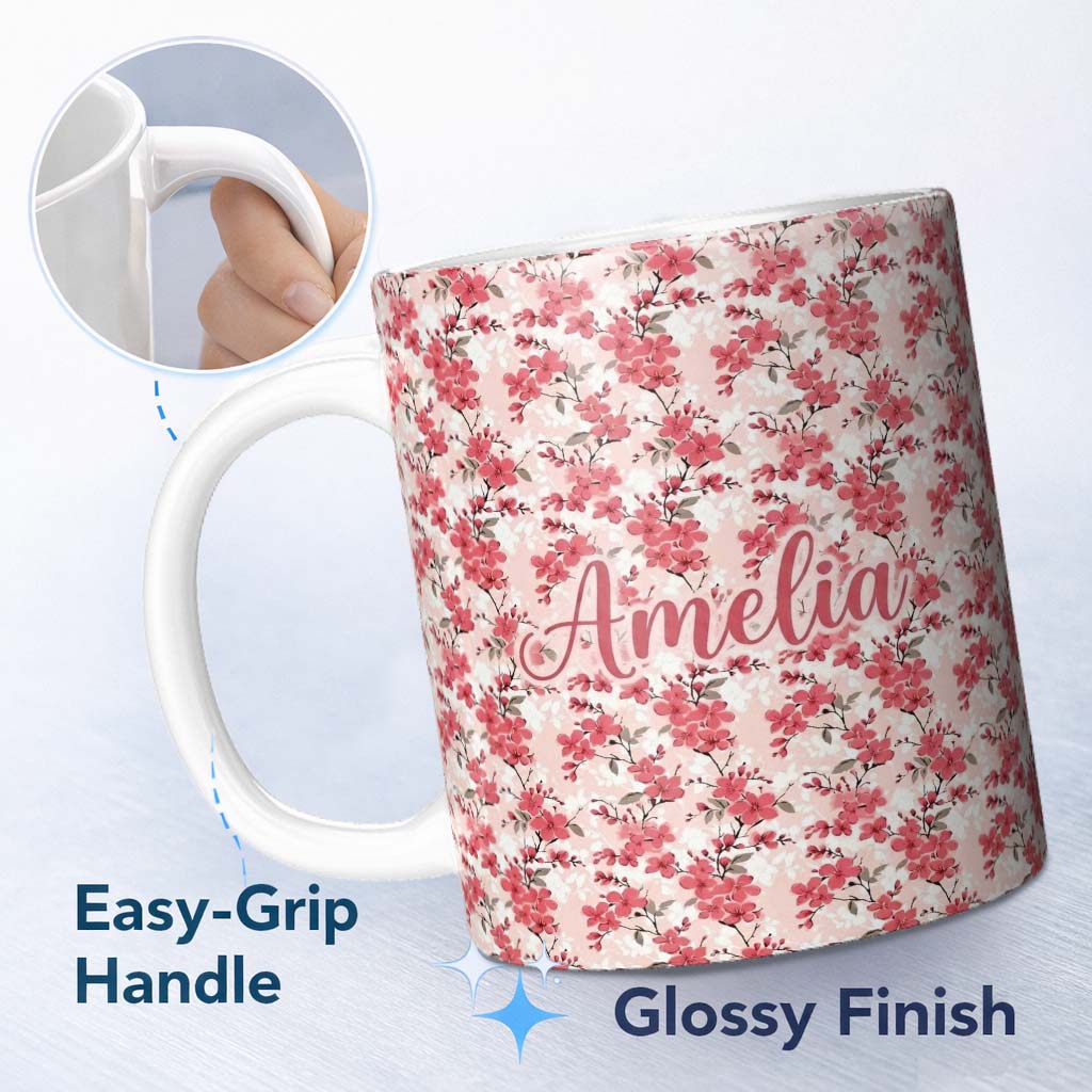 Personalized Custom Name Coral Cherry Blossom Floral Branches on Beige Background Seamless 11oz Ceramic Coffee Tea Mug White Large Handle