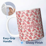 Personalized Custom Name Coral Cherry Blossom Floral Branches on Beige Background Seamless 11oz Ceramic Coffee Tea Mug White Large Handle