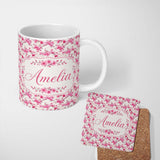 Personalized Custom Name Elegant Pink Sakura Blossom Branches on Neutral Background Seamless 11oz Ceramic Coffee Tea Mug White Large Handle