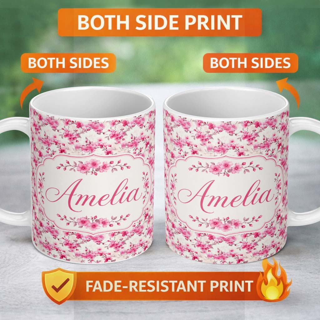 Personalized Custom Name Elegant Pink Sakura Blossom Branches on Neutral Background Seamless 11oz Ceramic Coffee Tea Mug White Large Handle