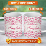 Personalized Custom Name Elegant Pink Sakura Blossom Branches on Neutral Background Seamless 11oz Ceramic Coffee Tea Mug White Large Handle