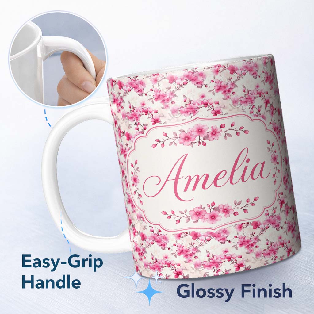 Personalized Custom Name Elegant Pink Sakura Blossom Branches on Neutral Background Seamless 11oz Ceramic Coffee Tea Mug White Large Handle