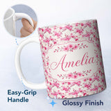 Personalized Custom Name Elegant Pink Sakura Blossom Branches on Neutral Background Seamless 11oz Ceramic Coffee Tea Mug White Large Handle