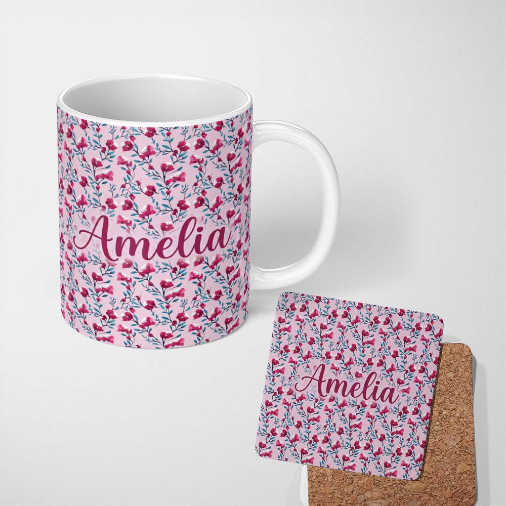 Personalized Custom Name Modern Pink Floral Vine Pattern with Teal Leaves Seamless Custom 11oz Ceramic Coffee Tea Mug White Large Handle