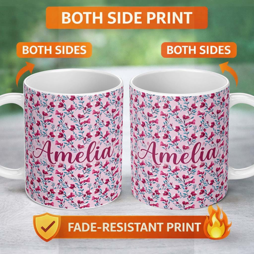 Personalized Custom Name Modern Pink Floral Vine Pattern with Teal Leaves Seamless Custom 11oz Ceramic Coffee Tea Mug White Large Handle