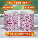 Personalized Custom Name Modern Pink Floral Vine Pattern with Teal Leaves Seamless Custom 11oz Ceramic Coffee Tea Mug White Large Handle