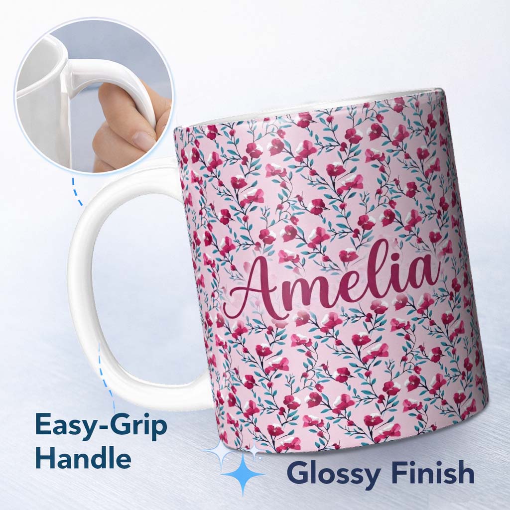 Personalized Custom Name Modern Pink Floral Vine Pattern with Teal Leaves Seamless Custom 11oz Ceramic Coffee Tea Mug White Large Handle