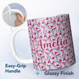 Personalized Custom Name Modern Pink Floral Vine Pattern with Teal Leaves Seamless Custom 11oz Ceramic Coffee Tea Mug White Large Handle
