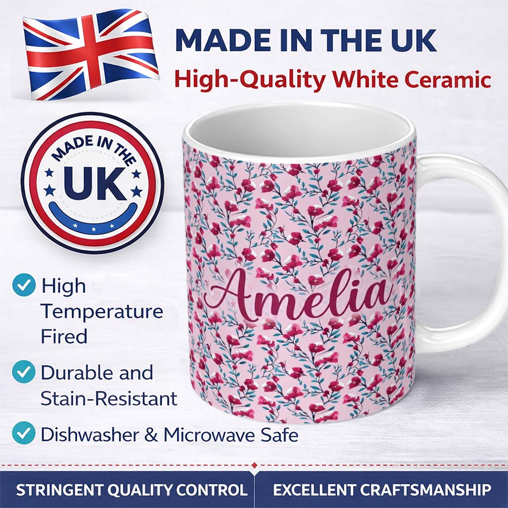 Personalized Custom Name Modern Pink Floral Vine Pattern with Teal Leaves Seamless Custom 11oz Ceramic Coffee Tea Mug White Large Handle