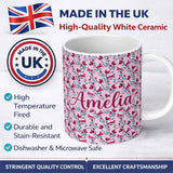 Personalized Custom Name Modern Pink Floral Vine Pattern with Teal Leaves Seamless Custom 11oz Ceramic Coffee Tea Mug White Large Handle
