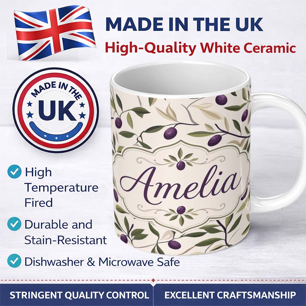 Personalized Custom Name Olive Branch Purple Fruit Botanical Minimal Seamless Pattern Lovely 11oz Ceramic Coffee Tea Mug White Large Handle