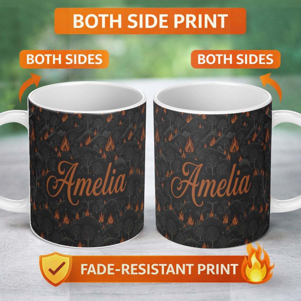 Personalized Custom Name Dark Forest Wildfire Landscape with Burning Trees Seamless Pattern 11oz Ceramic Coffee Tea Mug White Large Handle