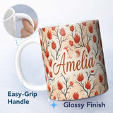 Personalized Custom Name Abstract Fire Elements with Burning Bushes on Light Background 11oz Ceramic Coffee Tea Mug White Large Handle