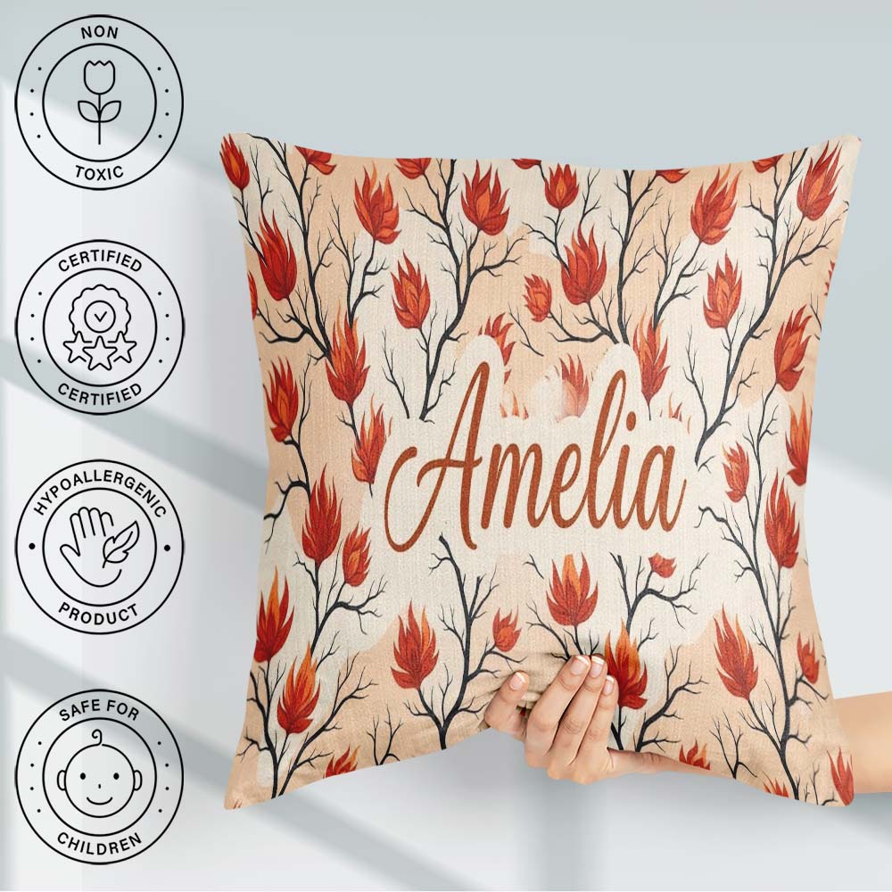 Custom Name Abstract Fire Elements with Burning Bushes on Light Square Filled Cushion Throw Pillow Sofa Bed Home Decor Zip Washable UK Made