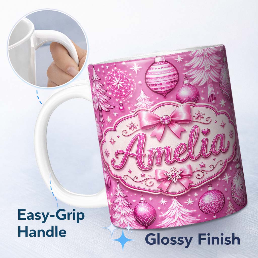 Personalized Custom Name Elegant Pink Christmas Tree Ornament Winter Seamless Pattern Lovely 11oz Ceramic Coffee Tea Mug White Large Handle