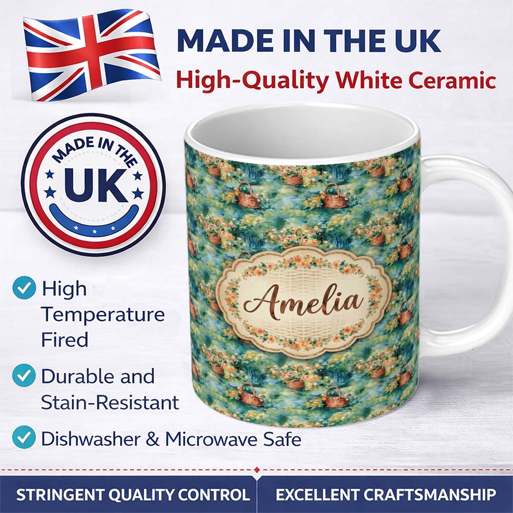 Personalized Custom Name Impressionist Garden Picnic Baskets Floral Landscape Seamless Lovely 11oz Ceramic Coffee Tea Mug White Large Handle