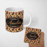 Personalized Custom Name Abstract Flowing Shapes in Warm Autumn Tones Seamless Pattern Name 11oz Ceramic Coffee Tea Mug White Large Handle