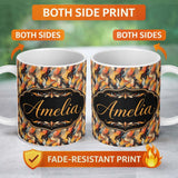 Personalized Custom Name Abstract Flowing Shapes in Warm Autumn Tones Seamless Pattern Name 11oz Ceramic Coffee Tea Mug White Large Handle