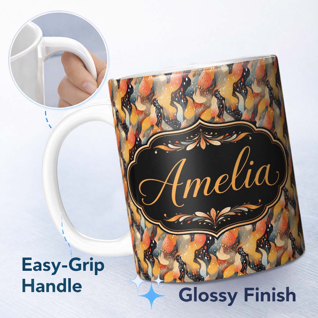 Personalized Custom Name Abstract Flowing Shapes in Warm Autumn Tones Seamless Pattern Name 11oz Ceramic Coffee Tea Mug White Large Handle