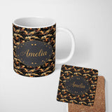 Personalized Custom Name Dark Abstract Nature Shapes with Golden Organic Forms Seamless 11oz Ceramic Coffee Tea Mug White Large Handle