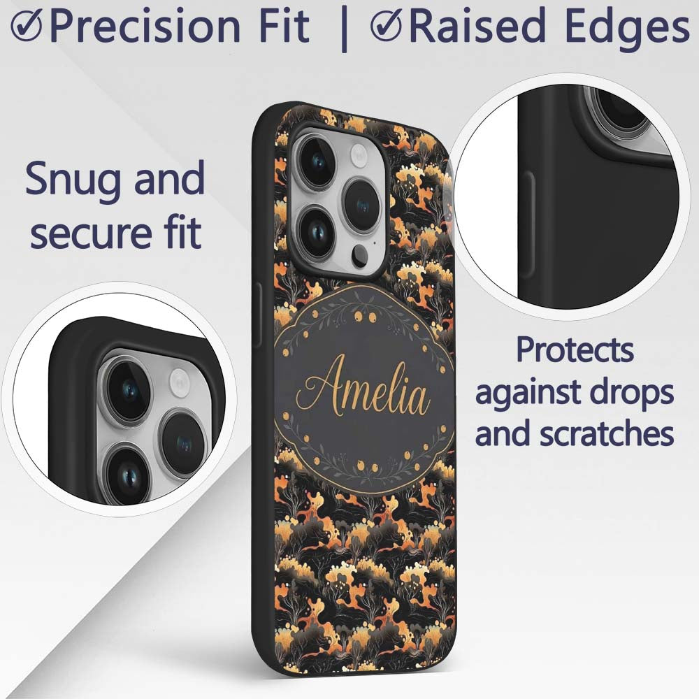 Dark Abstract Nature Shapes with Golden Organic Custom Name Protective Phone Case Mobile Cover Durable Everyday Smartphone Shock Resistant