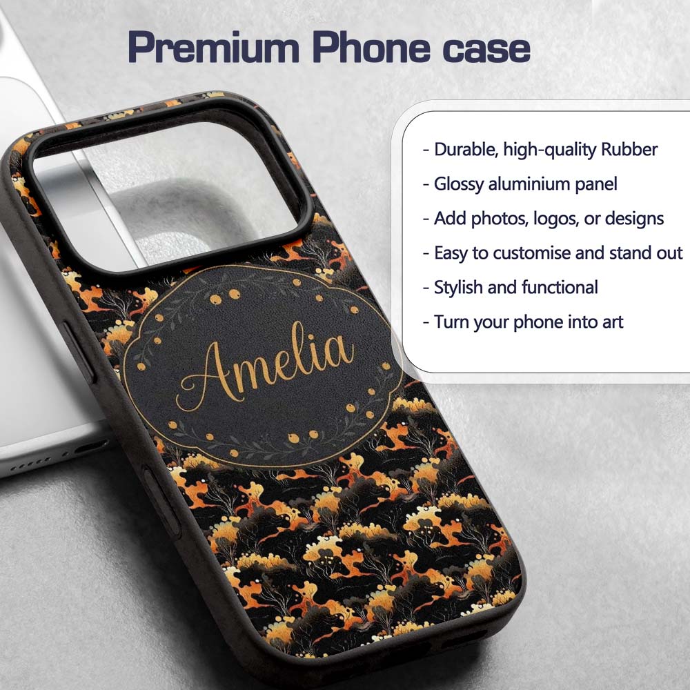 Dark Abstract Nature Shapes with Golden Organic Custom Name Protective Phone Case Mobile Cover Durable Everyday Smartphone Shock Resistant