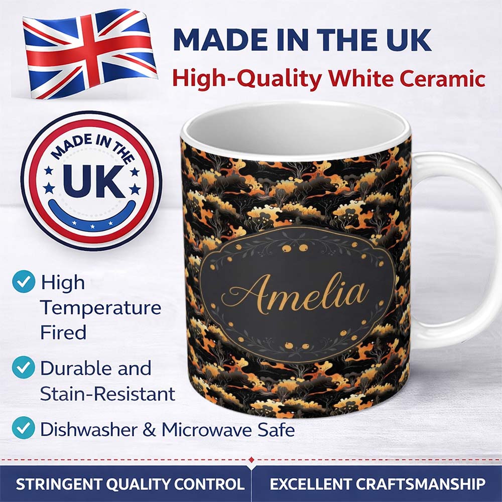 Personalized Custom Name Dark Abstract Nature Shapes with Golden Organic Forms Seamless 11oz Ceramic Coffee Tea Mug White Large Handle