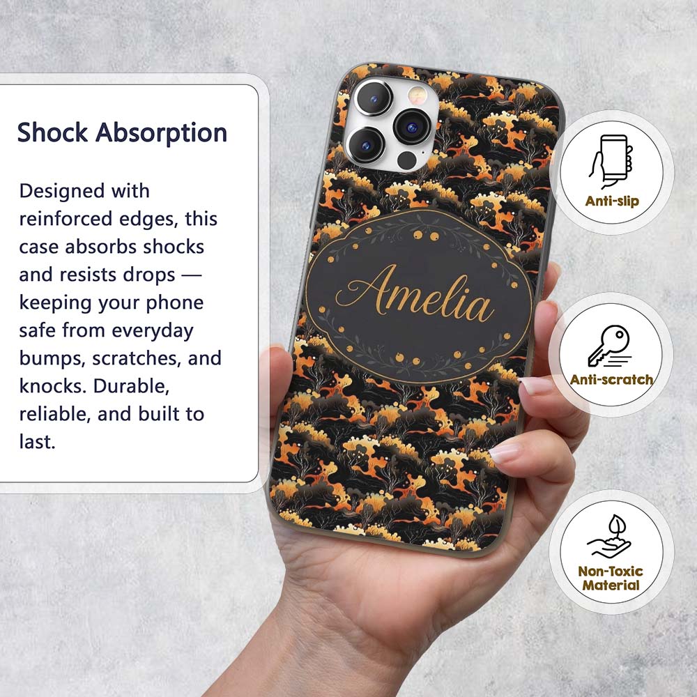 Dark Abstract Nature Shapes with Golden Organic Custom Name Protective Phone Case Mobile Cover Durable Everyday Smartphone Shock Resistant