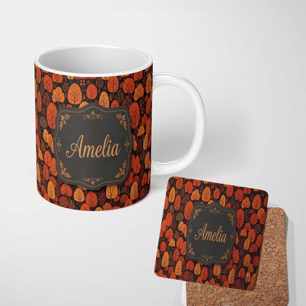 Personalized Custom Name Autumn Leaves in Warm Orange Tones on Dark Background Seamless 11oz Ceramic Coffee Tea Mug White Large Handle