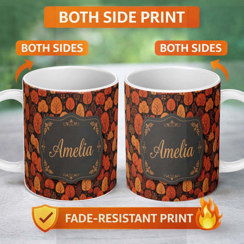 Personalized Custom Name Autumn Leaves in Warm Orange Tones on Dark Background Seamless 11oz Ceramic Coffee Tea Mug White Large Handle