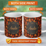 Personalized Custom Name Autumn Leaves in Warm Orange Tones on Dark Background Seamless 11oz Ceramic Coffee Tea Mug White Large Handle