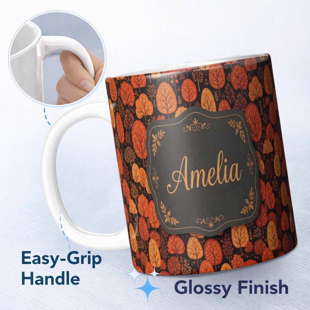 Personalized Custom Name Autumn Leaves in Warm Orange Tones on Dark Background Seamless 11oz Ceramic Coffee Tea Mug White Large Handle
