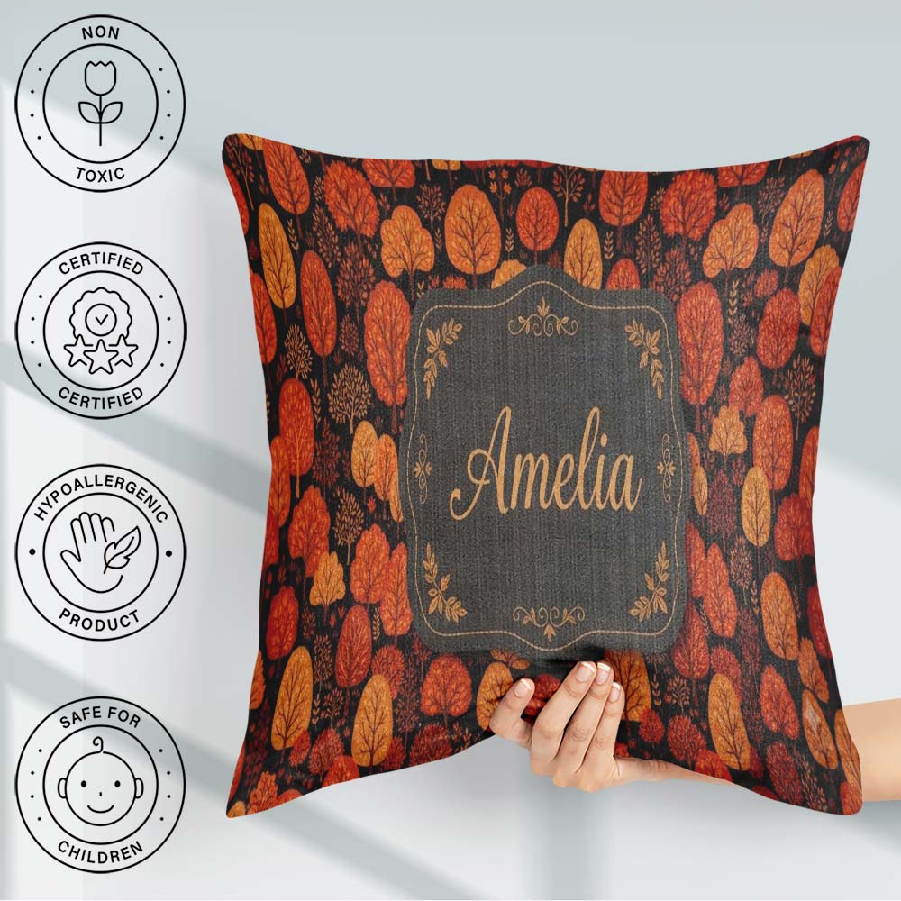 Custom Name Autumn Leaves in Warm Orange Tones on Dark Seamless Square Filled Cushion Throw Pillow Sofa Bed Home Decor Zip Washable UK Made