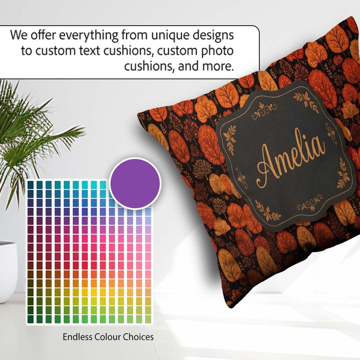 Custom Name Autumn Leaves in Warm Orange Tones on Dark Seamless Square Filled Cushion Throw Pillow Sofa Bed Home Decor Zip Washable UK Made