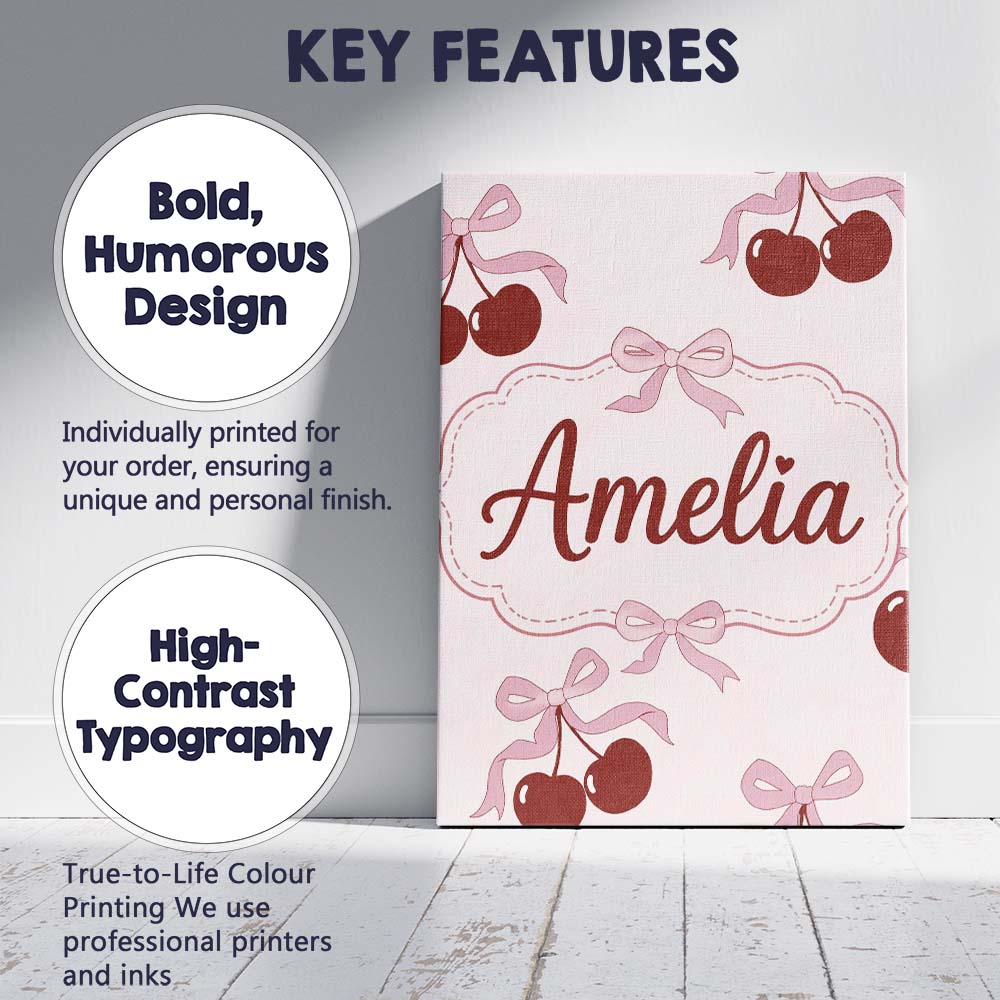 Personalised Name Cherry Bow Ribbon Cute Minimal Beige Background Custom  Bespoke Canvas Wall Art Print Decor Picture Ready to Hang