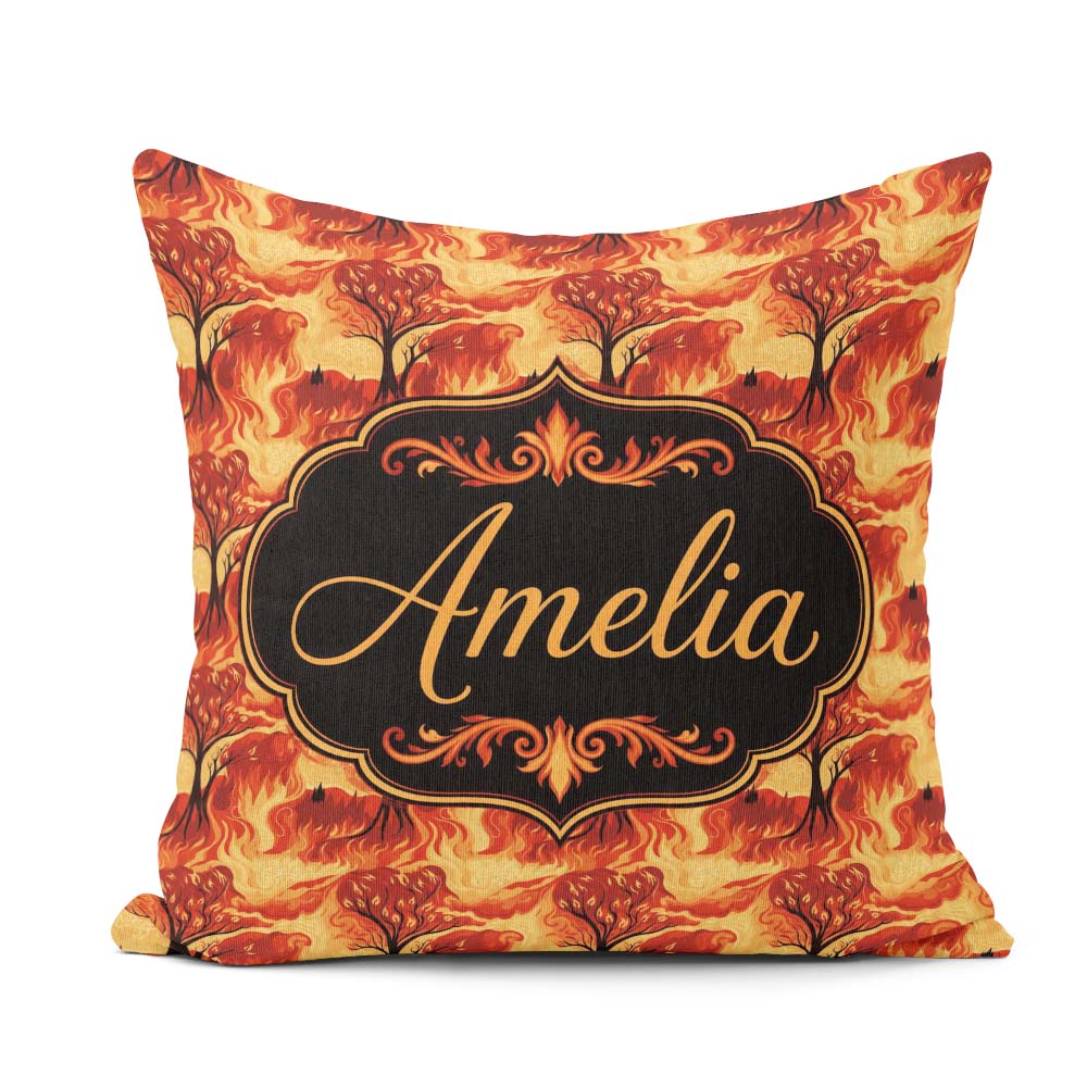 Custom Name Fiery Forest Landscape with Burning Trees and Flames Square Filled Cushion Throw Pillow Sofa Bed Home Decor Zip Washable UK Made