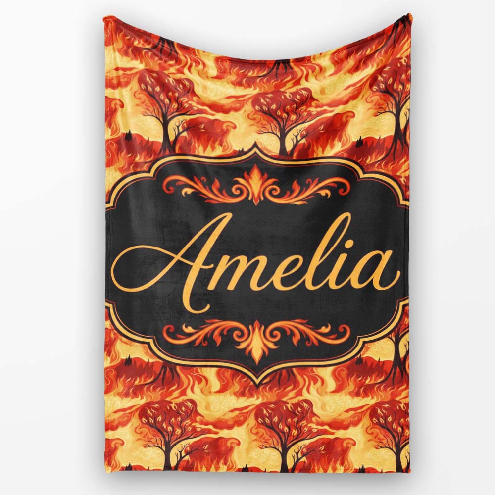 Fiery Forest Landscape with Burning Trees and Flames Seamless  Personalised Custom Name Super Soft Fleece Blanket Bed Sofa Throw