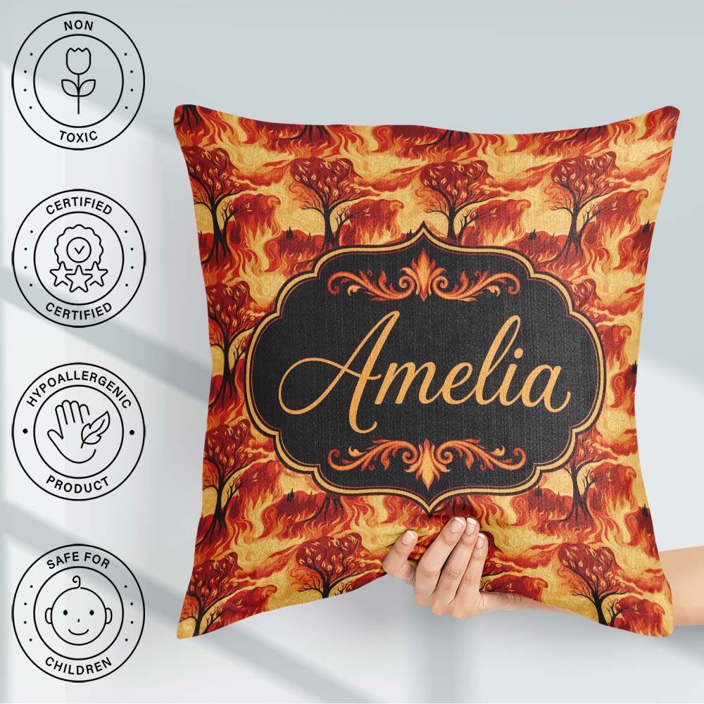 Custom Name Fiery Forest Landscape with Burning Trees and Flames Square Filled Cushion Throw Pillow Sofa Bed Home Decor Zip Washable UK Made