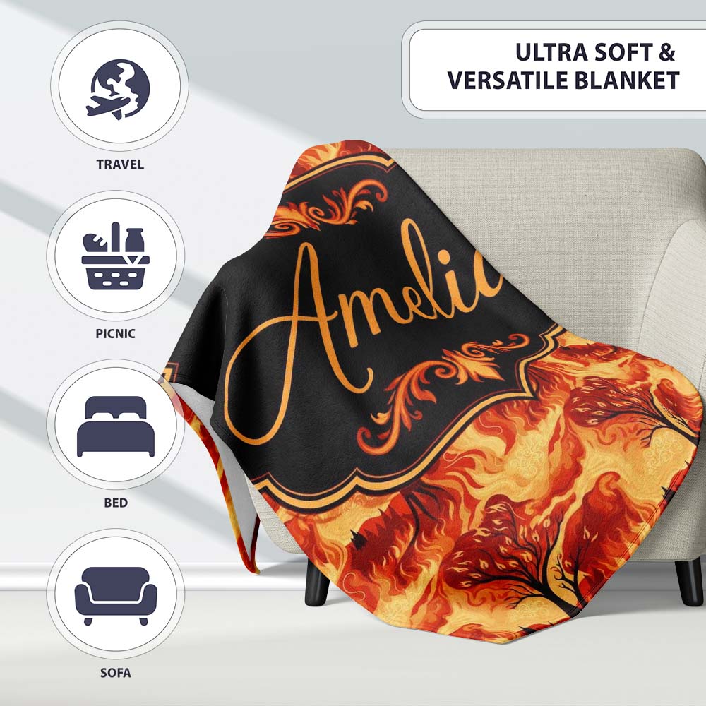 Fiery Forest Landscape with Burning Trees and Flames Seamless  Personalised Custom Name Super Soft Fleece Blanket Bed Sofa Throw