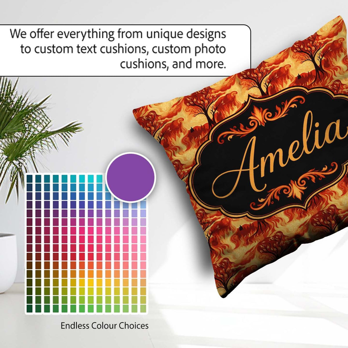 Custom Name Fiery Forest Landscape with Burning Trees and Flames Square Filled Cushion Throw Pillow Sofa Bed Home Decor Zip Washable UK Made