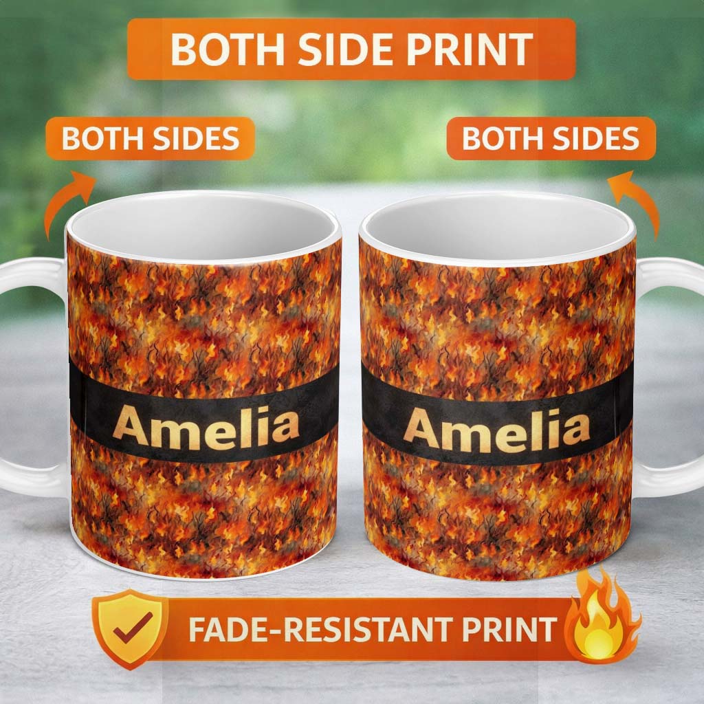 Personalized Custom Name Intense Flame Texture with Abstract Fire Elements Seamless Pattern 11oz Ceramic Coffee Tea Mug White Large Handle