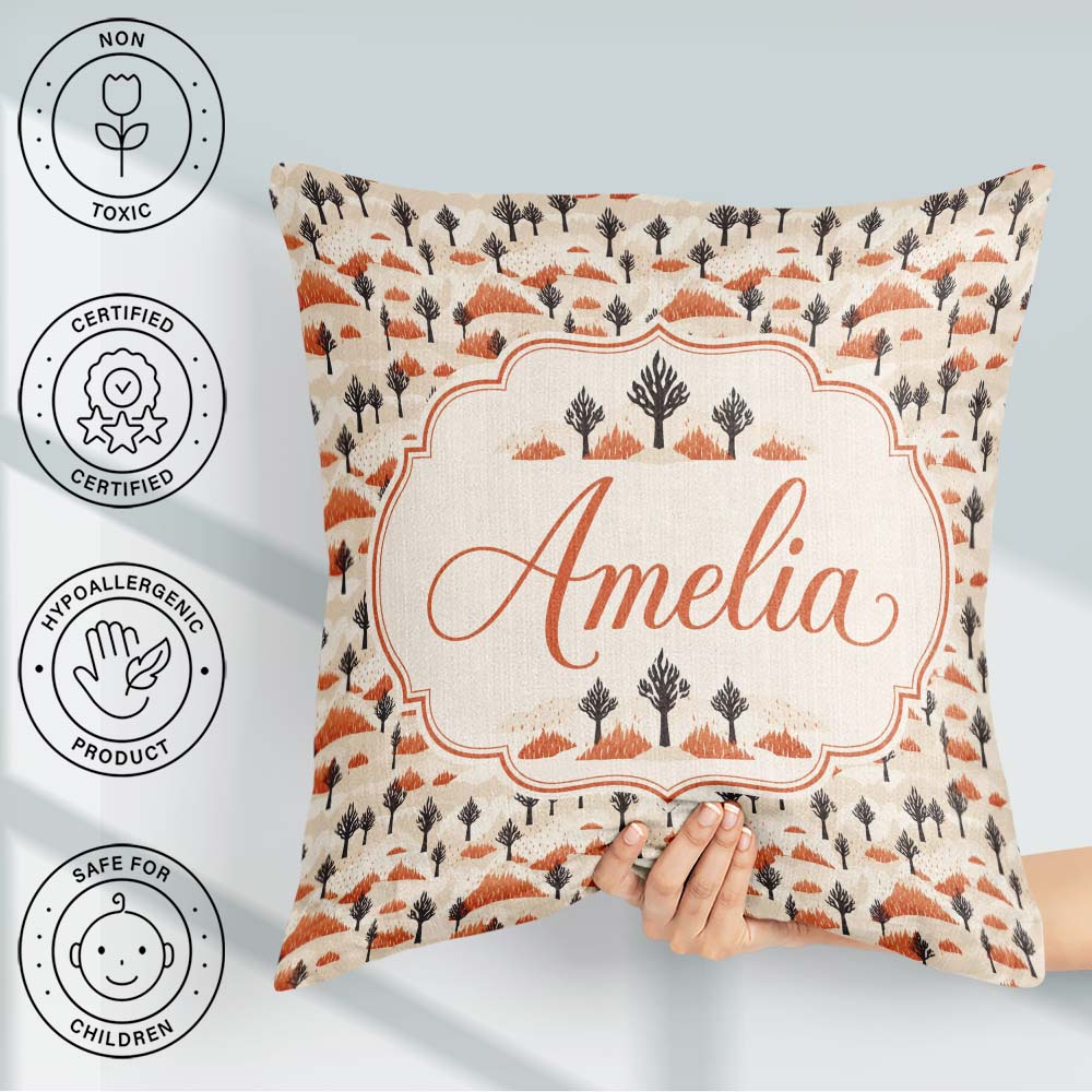 Custom Name Minimal Burnt Landscape with Sparse and Fire Accents Square Filled Cushion Throw Pillow Sofa Bed Home Decor Zip Washable UK Made
