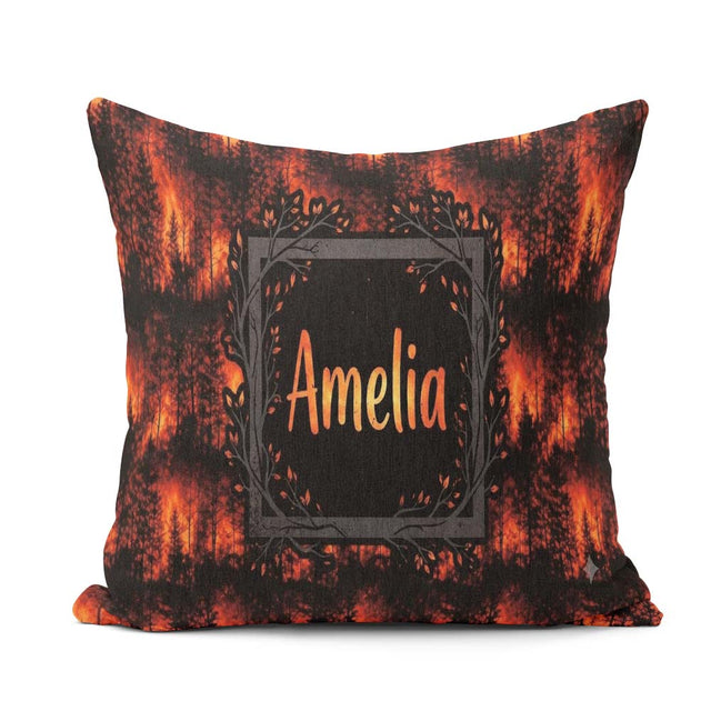 Custom Name Dark Wildfire Forest Glowing Flames Seamless Pattern Square Filled Cushion Throw Pillow Sofa Bed Home Decor Zip Washable UK Made