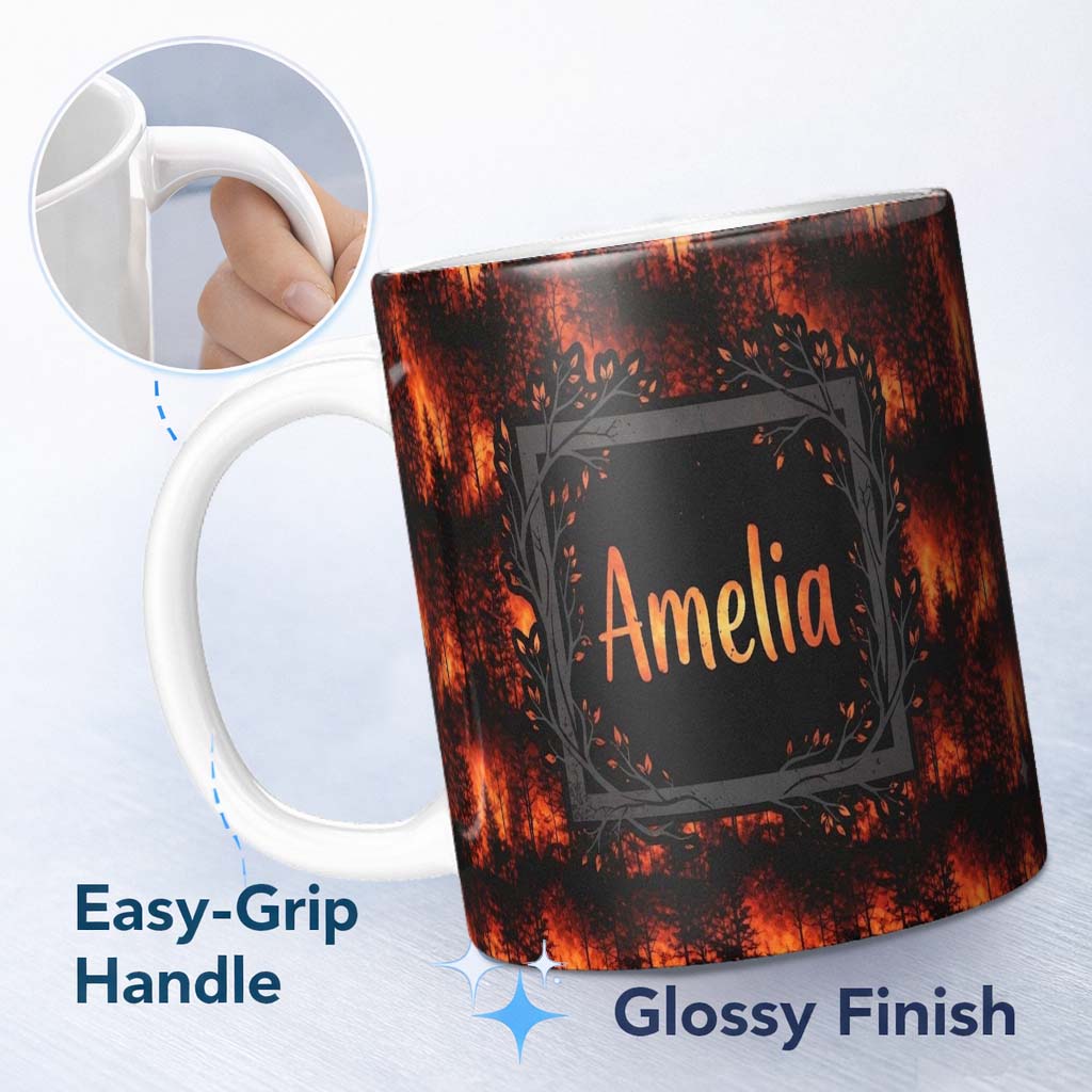 Personalized Custom Name Dark Wildfire Forest Scene with Glowing Flames Seamless Pattern 11oz Ceramic Coffee Tea Mug White Large Handle