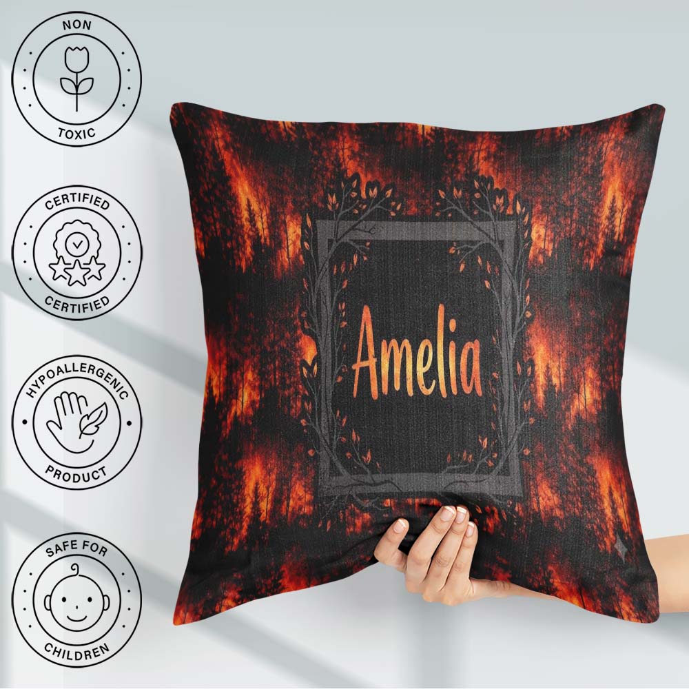 Custom Name Dark Wildfire Forest Glowing Flames Seamless Pattern Square Filled Cushion Throw Pillow Sofa Bed Home Decor Zip Washable UK Made