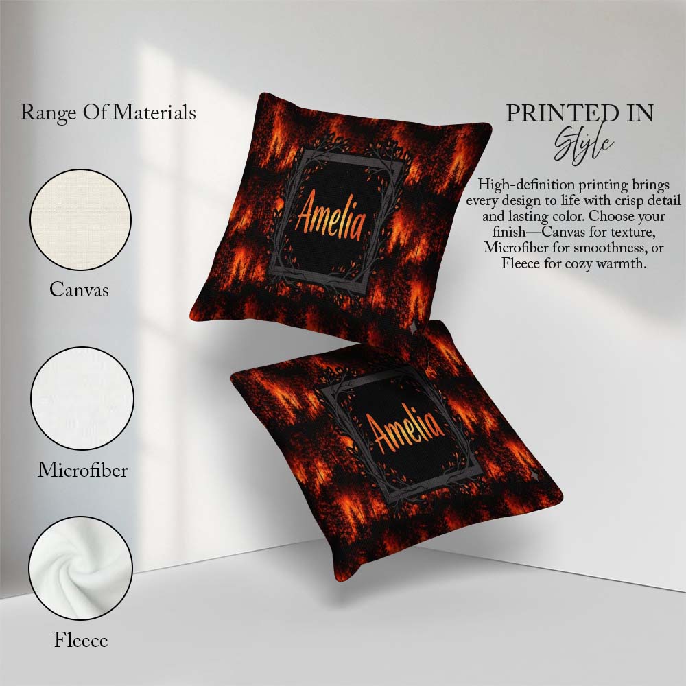 Custom Name Dark Wildfire Forest Glowing Flames Seamless Pattern Square Filled Cushion Throw Pillow Sofa Bed Home Decor Zip Washable UK Made