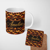 Personalized Custom Name Stylised Fire Tree Pattern in Warm Orange and Yellow Tones Seamless 11oz Ceramic Coffee Tea Mug White Large Handle