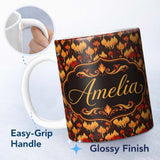 Personalized Custom Name Stylised Fire Tree Pattern in Warm Orange and Yellow Tones Seamless 11oz Ceramic Coffee Tea Mug White Large Handle